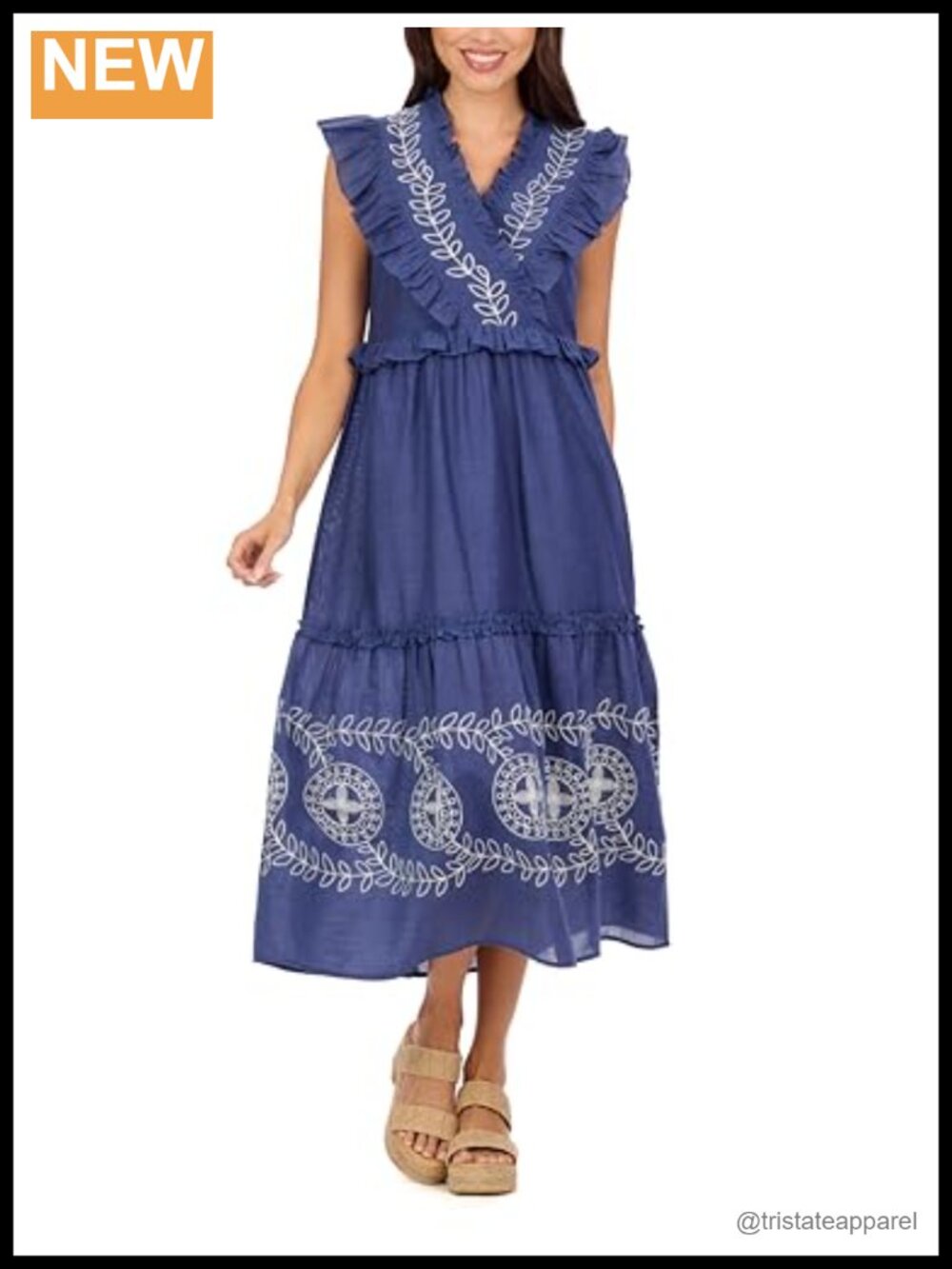 Mud Pie Radford Embroidered Midi Cotton Dress Ruffle V-Neck